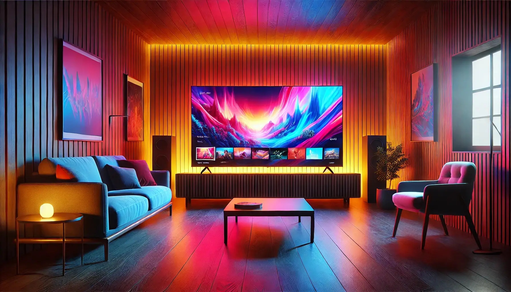 Modern home theater setup with ambient lighting